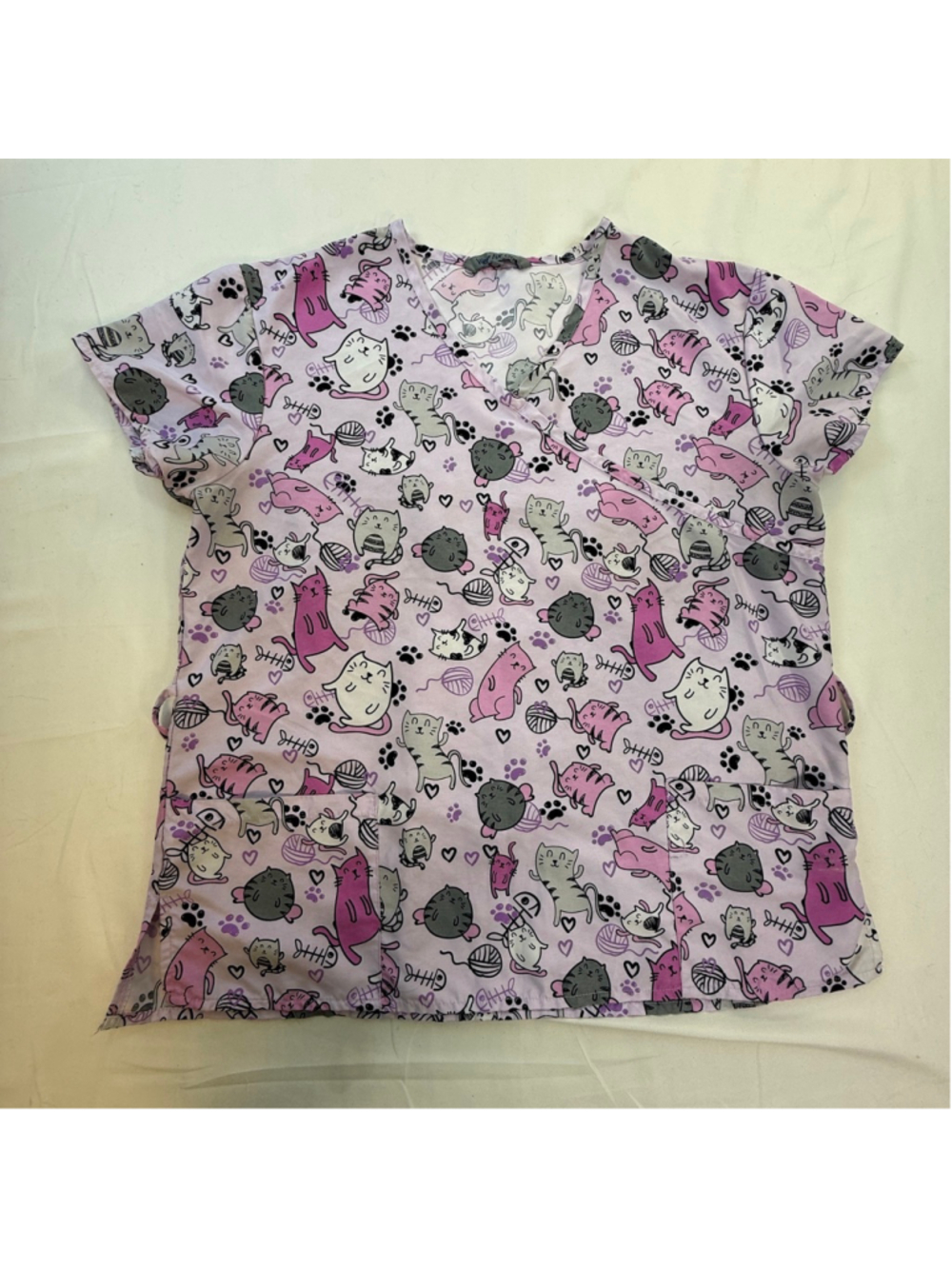 Wear For Care Cat Print Scrub Top Size L Pink Veterinary Nurse Medical Uniform